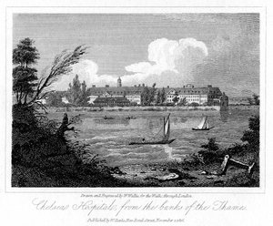 チェルシー病院、テムズ川の銀行、1816年。 作： W. Wallis