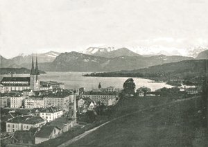 1895年にスイス、ルツェルンとその山々の眺め。 作： W and S Ltd