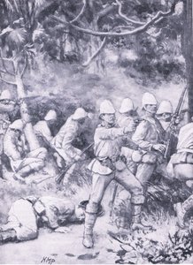 クーマシーへ向かう森の中の道の戦い（「British Battles on Land and Sea」より引用 作： Wal Paget