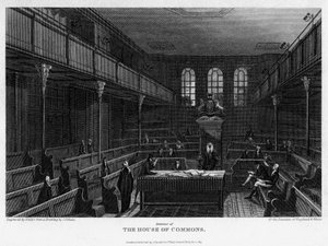 1815年、ロンドンのウェストミンスターにある下院の会議室。 作： Wallis