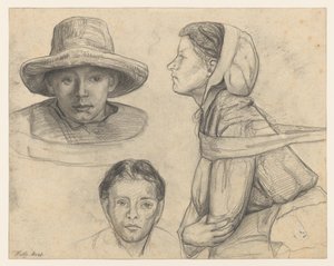 2 つの頭が向かい合っており、左側に半分の長さの女性の横顔が描かれた学習シート 作： Wally Moes