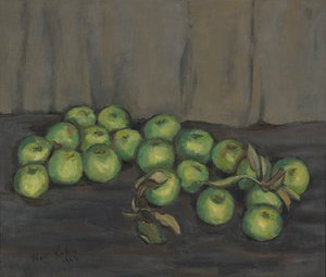 グレーのカーテンと緑のリンゴ 作： Walt Kuhn