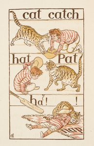 猫と遊ぶ男の子。 「The Golden Primer」のイラスト。 作： Walter Crane