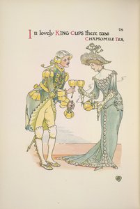 カモミール ティーのカップを保持している男性と女性 作： Walter Crane