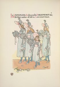ワスレナグサではないブルーのレディスモックを着た花嫁介添人 作： Walter Crane