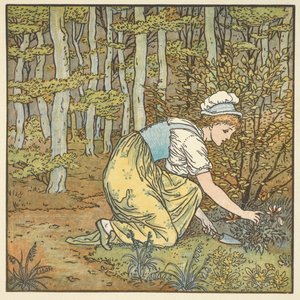 ドイツ語で書かれた韻「ゲフンデン」のカラーイラスト。 森で花を摘む若い女性。 作： Walter Crane