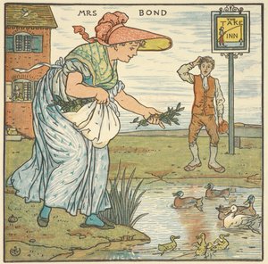 「ミセス・ボンド」のカラーイラスト。 旅館の外でアヒルに餌をやる女性。 作： Walter Crane
