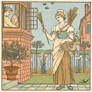 「ほうきを買う」のカラーイラスト。 箒売りの若い女性。 作： Walter Crane