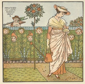 「お嬢様のお庭」のカラーイラストです。 じょうろを持って庭に立っている若い女性。 作： Walter Crane