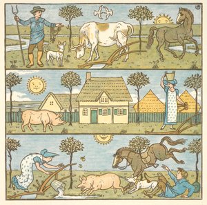 「小さな災害」のカラーイラスト。 農家、ミルクメイド、そしてさまざまな家畜。 作： Walter Crane