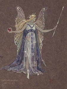 スノーマン」の妖精プリンセス・アリエラの衣装デザイン（茶色の紙に水彩画 作： Walter Crane
