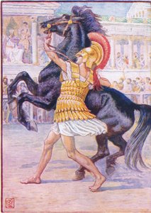 彼は馬に向かって走り、手綱をつかみました、イラスト、ギリシャの物語、1930年代から 作： Walter Crane