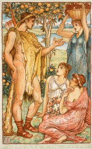 ヘラクレスとニンフ、Nathanial Hawthorneによる「少女と少年のための素晴らしい本」からのイラスト、1852年 作： Walter Crane