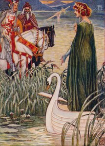 アーサー王は剣のエクスカリバー、1911年に湖の女性に尋ねます。 作： Walter Crane