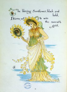 ひまわりの花（太陽）は、黄色と緑の服を着た若い女性に擬人化されています。 ウォルター・クレイン (1845-1912) によって書かれ、描かれた「フローラの饗宴」のプレート 36。 1889. 大英図書館機関参照: Shelfmark ID: 11651.I.21。 番目 作： Walter Crane