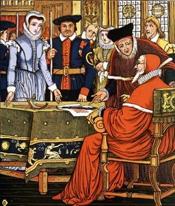 マージョリー夫人は魔女の罪に問われている」：『リトル・グッディ・トゥー・シューズ』より 作： Walter Crane