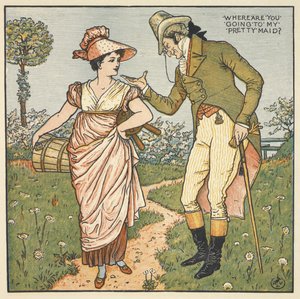 「私のかわいいメイド」。 若い女性と話している紳士。 作： Walter Crane