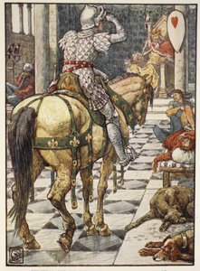 パーシバルはビートルズハートのシールドを手に入れる、ヘンリーギルバートの「円卓の騎士の物語」、初版、1911年 作： Walter Crane