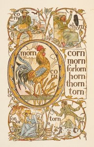 文字 N で終わる韻を踏む単語。文字 O の使用を説明するため。ゴールデン プライマー。 作： Walter Crane