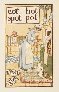 Palavras que rimam terminando com a letra T. Uma ilustração, mostrando uma enfermeira fervendo uma panela para uma criança doente. A cartilha dourada. 作： Walter Crane