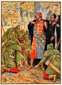 ロビンフッドと彼の部下は王にひざまずきます 作： Walter Crane