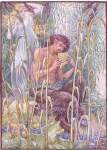 パンのパイプの音楽は、甘く、刺すように甘かった（「ギリシャ物語」より）。 作： Walter Crane