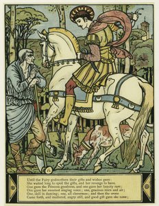 王子が道を尋ねる場面（『青髭の絵本』より。1879年（カラーリトグラフ 作： Walter Crane
