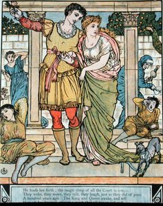 シャルル・ペロー（1628-1703）の「眠れる森の美女」の挿絵「姫を助ける王子」（カラー印刷）
