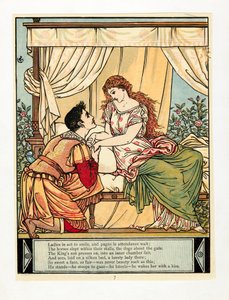王子はパブの青ひげ絵本からビューティを目覚めさせます。 1879年カラーリトグラフ、1879年。 作： Walter Crane