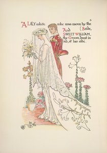 新郎新婦。 花嫁が着るユリの白いローブと、赤い服を着た新郎の甘いウィリアム