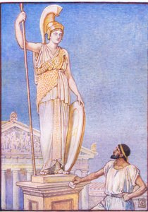 女神の姿は巨大なもので、ギリシャの物語、1930年代のイラスト 作： Walter Crane