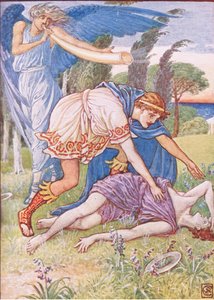 風の神が南から突風を送ってきた（「The Story of Greece」より）。 作： Walter Crane