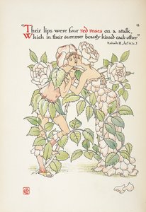 バラに扮したキスをする 2 人の人物 作： Walter Crane