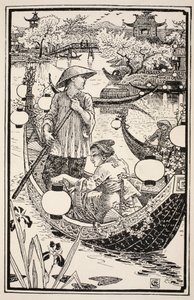 夕方になると、船に乗り込み、船首から船尾まで花で花を飾りました。 作： Walter Crane