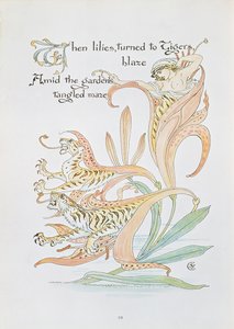 「ユリがタイガーブレイズに変わったとき」、「フローラの饗宴、花の仮面舞踏会」のイラスト 作： Walter Crane