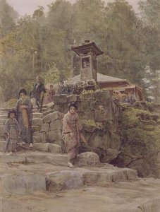 田舎の神社へのアプローチ」、「日本と日本人」（Methuen社）のイラスト 作： Walter Frederick Roofe Tyndale
