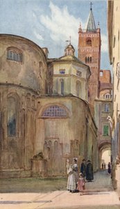 イタリア・アルベンガ、ロマネスク様式の教会（カラーリトグラフ 作： Walter Frederick Roofe Tyndale