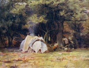 ニューフォレスト。リンドハーストとミンステッドの間にあるケンネルの近くのジプシーキャンプ（カラーリトグラフ 作： Walter Frederick Roofe Tyndale