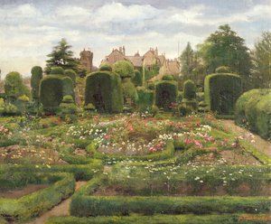 トピアリー庭園、カンブリア州、リーベンスホール、1886年（キャンバスに油彩、ボード上に配置） 作： Walter Frederick Roofe Tyndale