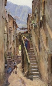 イタリア、ヴィラ・ヌオーヴァ・ディ・アルベンガ、ヴィコロ・デル・ポンテ(カラーリトグラフ) 作： Walter Frederick Roofe Tyndale