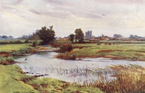 ウェセックスストアー川、遠くにウィムボーン・ミンスター（カラーリトグラフ） 作： Walter Frederick Roofe Tyndale