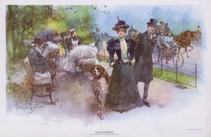 イースターの朝：ペットの犬を連れてプロムナードを歩く女性（カラーリトグラフ 作： Walter Granville Smith
