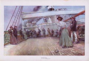 In Mid-Ocean：船上でシャッフルボードゲームを楽しむ乗客（カラーリトグラフ 作： Walter Granville Smith