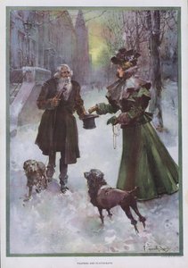 Paupers and Plutocrats: 冬の路上で貧乏人にお金を渡す裕福な女性（カラーリトホ 作： Walter Granville Smith