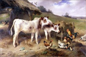 牛舎の外にいる子牛や家禽類 作： Walter Hunt