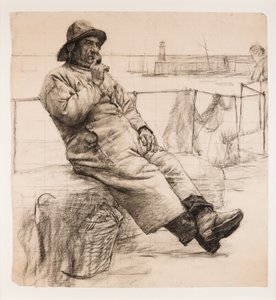 パイプを吸う漁師（紙に木炭） 作： Walter Langley