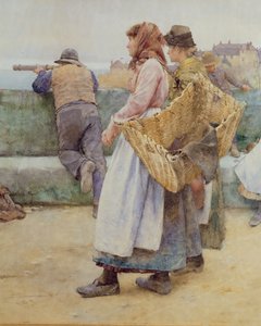 コーニッシュの漁村で：北への船隊の出発、2人の漁師の詳細、1886（wc）（詳細：77635） 作： Walter Langley