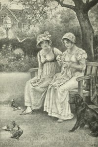 裁縫をするジェーン・オースティンと妹のカサンドラ（Rectory Garden）（リトグラフ 作： Walter Paget