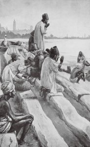 ボンベイの海岸で日の出を拝むパーシ人（リトグラフ） 作： Walter Paget