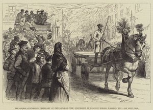 ニューカッスルオンタインのジョージスティーブンソン100周年、ドラフトホースの行列、ワゴンなど 作： Walter Paget